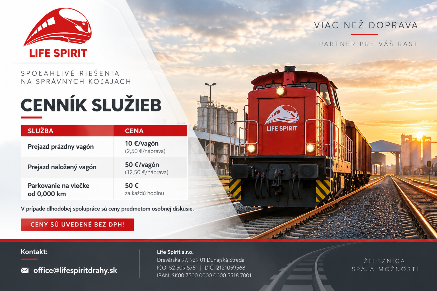 Life Spirit – cenník služieb železničnej vlečky